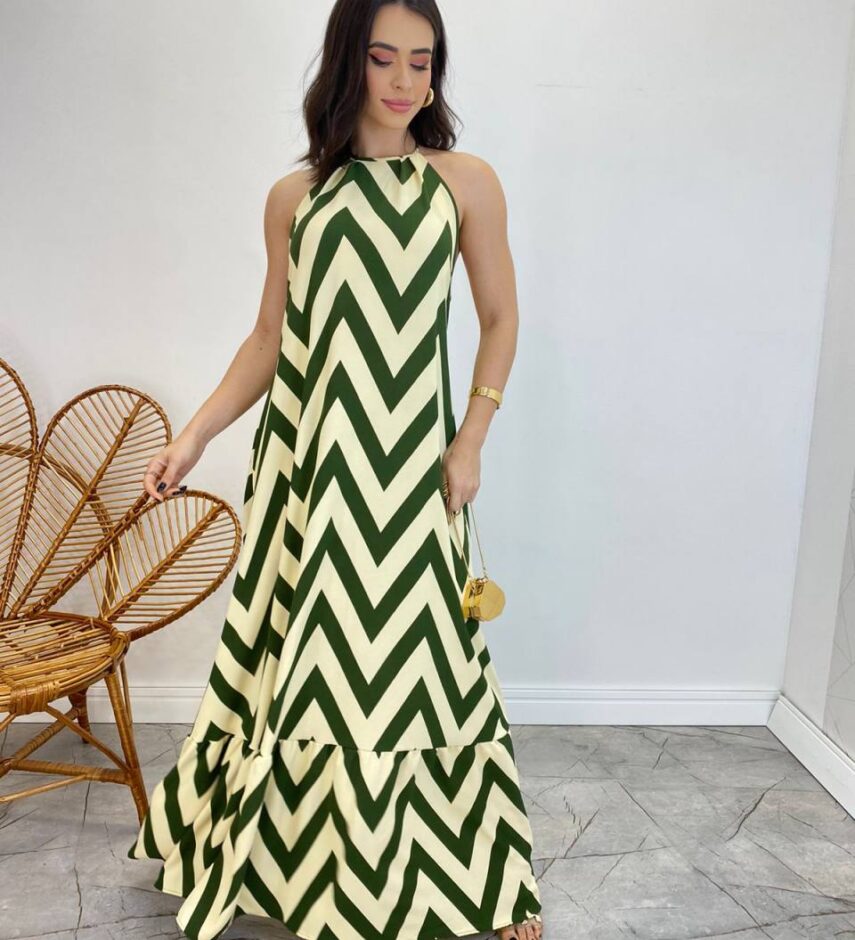 Vestido Longo Frente Única com Bojo e Amarração no Pescoço Estampado Verde - Fernanda Ramos Store