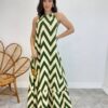 Vestido Longo Frente Única com Bojo e Amarração no Pescoço Estampado Verde - Fernanda Ramos Store