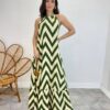 Vestido Longo Frente Única com Bojo e Amarração no Pescoço Estampado Verde - Fernanda Ramos Store