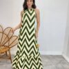 Vestido Longo Frente Única com Bojo e Amarração no Pescoço Estampado Verde - Fernanda Ramos Store