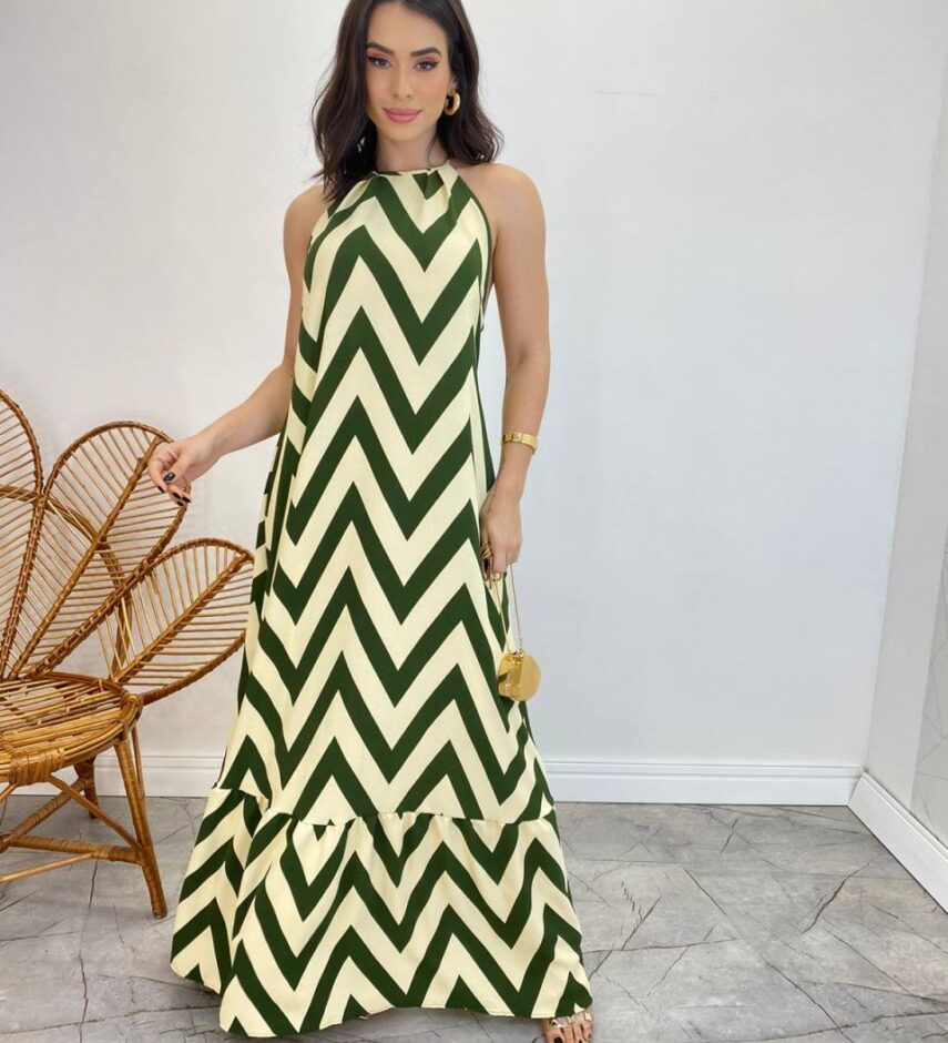 Vestido Longo Frente Única com Bojo e Amarração no Pescoço Estampado Verde - Fernanda Ramos Store