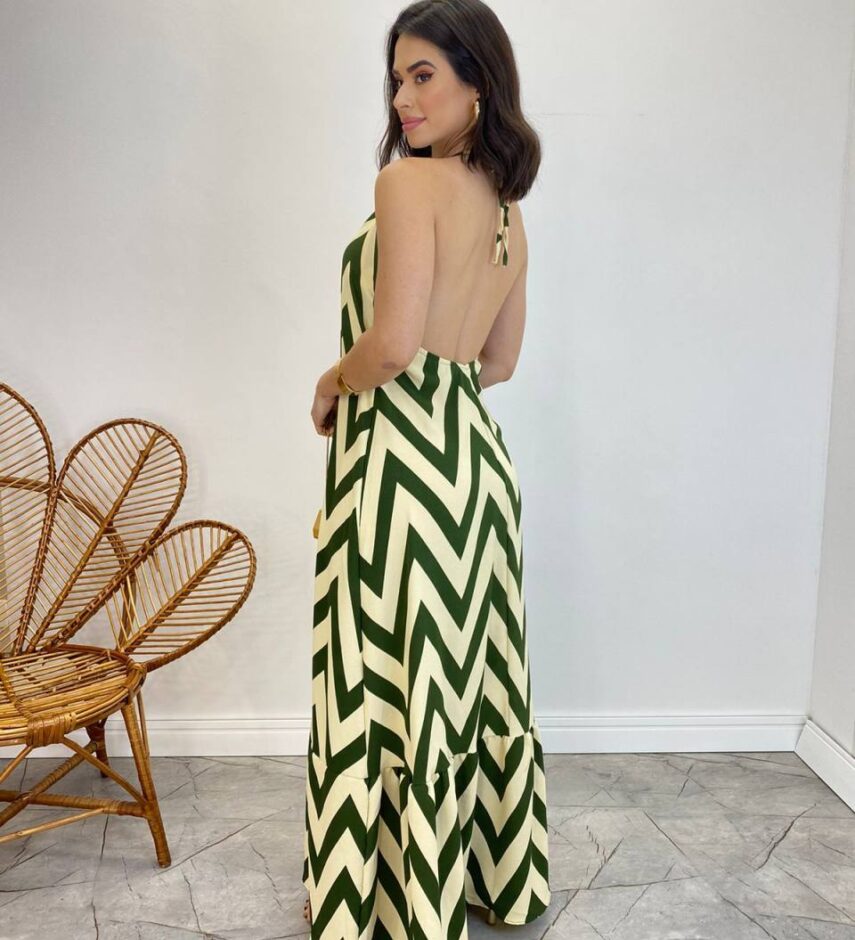 Vestido Longo Frente Única com Bojo e Amarração no Pescoço Estampado Verde - Fernanda Ramos Store