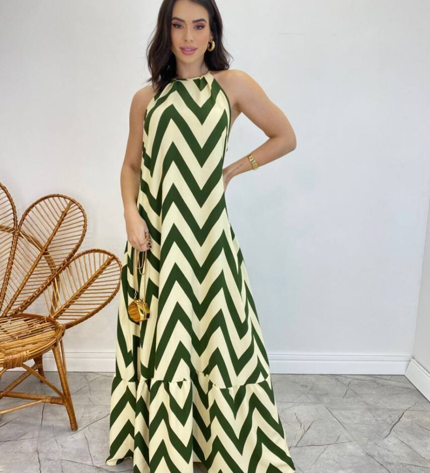 Vestido Longo Frente Única com Bojo e Amarração no Pescoço Estampado Verde - Fernanda Ramos Store
