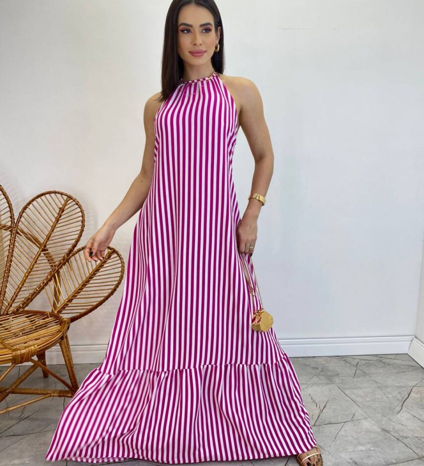 Vestido Longo Frente Única com Bojo e Amarração no Pescoço Listrado Fúcsia - Fernanda Ramos Store