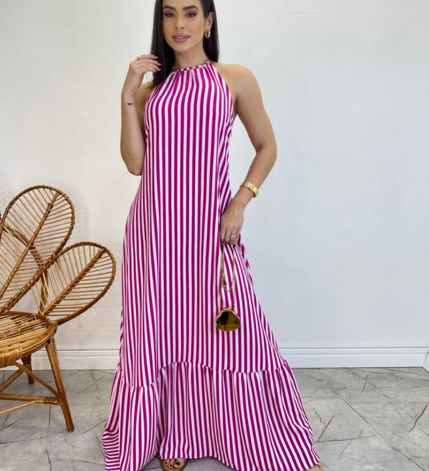 Vestido Longo Frente Única com Bojo e Amarração no Pescoço Listrado Fúcsia - Fernanda Ramos Store