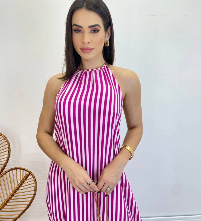 Vestido Longo Frente Única com Bojo e Amarração no Pescoço Listrado Fúcsia - Fernanda Ramos Store