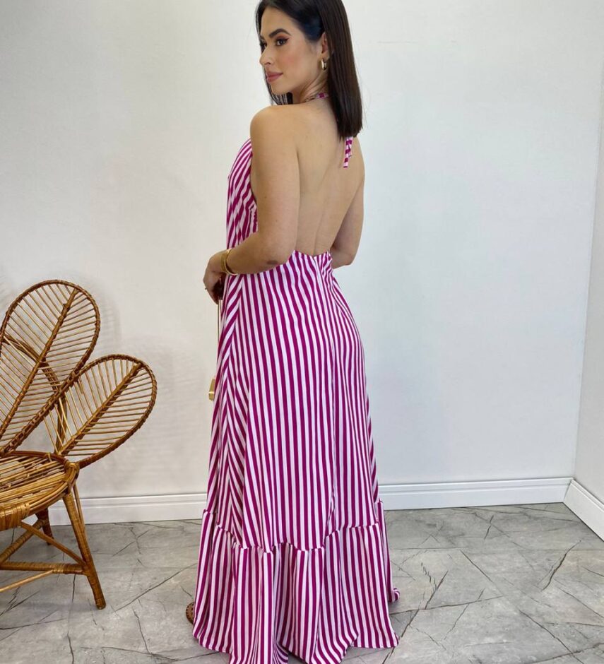 Vestido Longo Frente Única com Bojo e Amarração no Pescoço Listrado Fúcsia - Fernanda Ramos Store