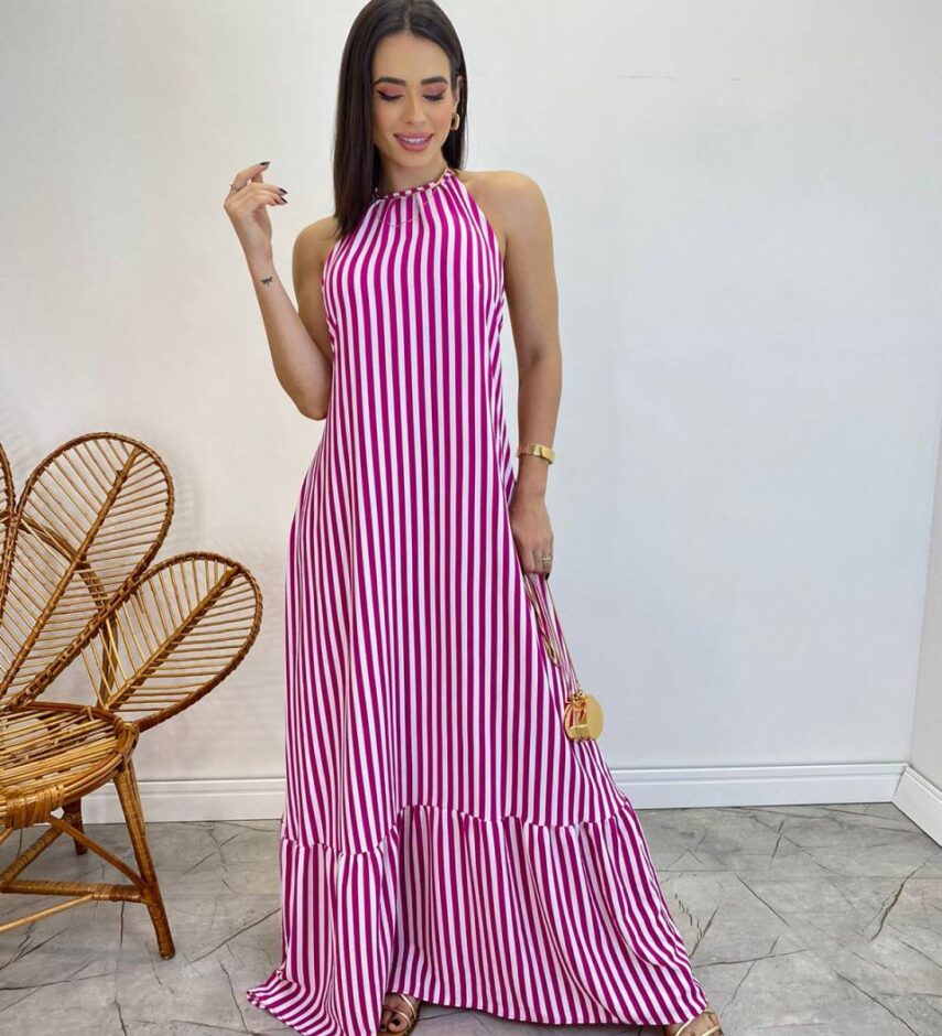 Vestido Longo Frente Única com Bojo e Amarração no Pescoço Listrado Fúcsia - Fernanda Ramos Store