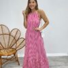 Vestido Longo Frente Única com Bojo e Amarração no Pescoço Listrado Pink - Fernanda Ramos Store