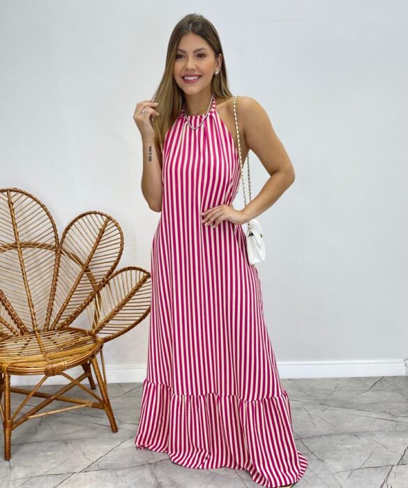 Vestido Longo Frente Única com Bojo e Amarração no Pescoço Listrado Pink - Fernanda Ramos Store