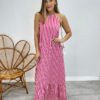 Vestido Longo Frente Única com Bojo e Amarração no Pescoço Listrado Pink - Fernanda Ramos Store