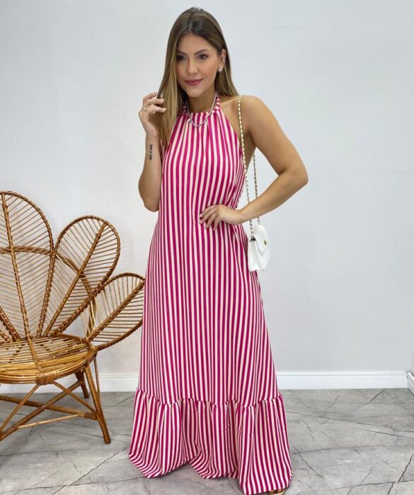 Vestido Longo Frente Única com Bojo e Amarração no Pescoço Listrado Pink - Fernanda Ramos Store