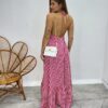 Vestido Longo Frente Única com Bojo e Amarração no Pescoço Listrado Pink - Fernanda Ramos Store