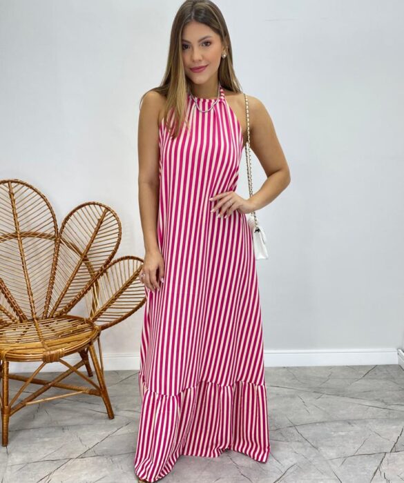 Vestido Longo Frente Única com Bojo e Amarração no Pescoço Listrado Pink - Fernanda Ramos Store