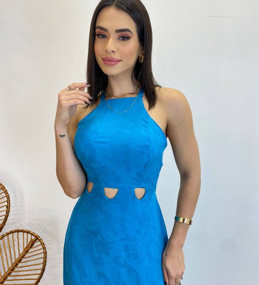 Vestido Longo Heloisa com Fenda Lateral e Bojo Azul - Fernanda Ramos Store