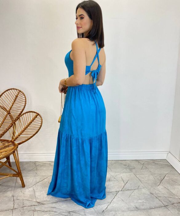 Vestido Longo Heloisa com Fenda Lateral e Bojo Azul - Fernanda Ramos Store