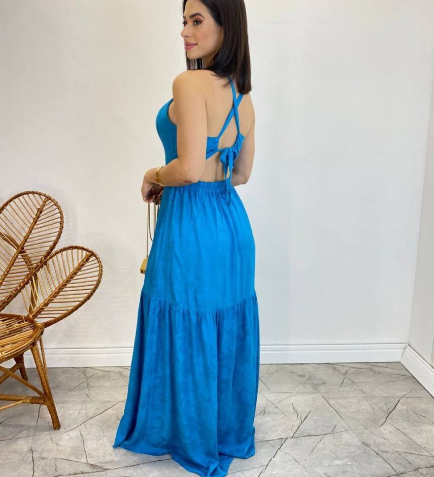 Vestido Longo Heloisa com Fenda Lateral e Bojo Azul - Fernanda Ramos Store