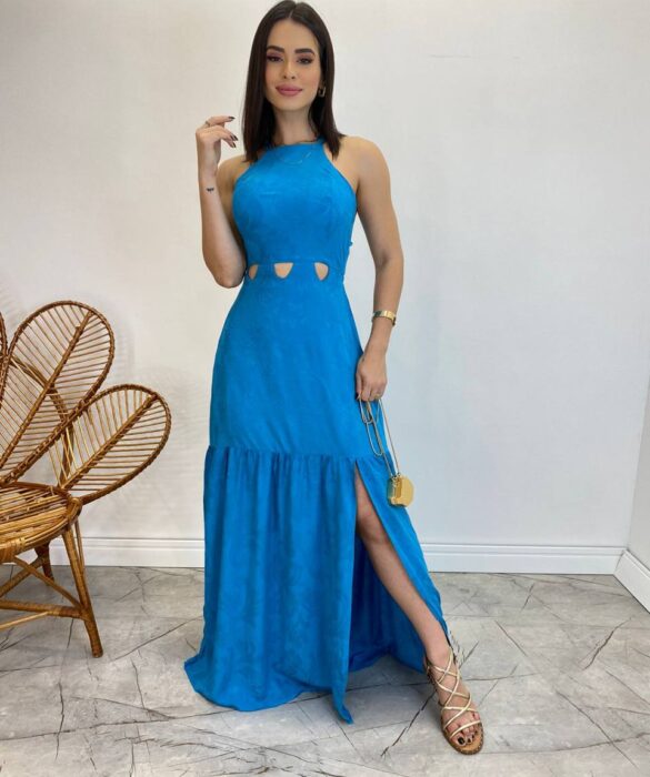 Vestido Longo Heloisa com Fenda Lateral e Bojo Azul - Fernanda Ramos Store