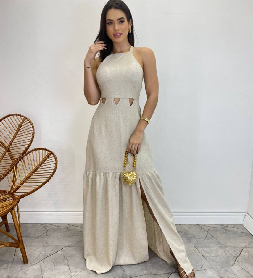 Vestido Longo Heloisa com Fenda Lateral e Bojo Cru - Fernanda Ramos Store