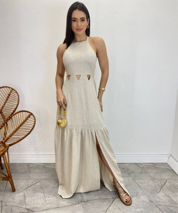 Vestido Longo Heloisa com Fenda Lateral e Bojo Cru - Fernanda Ramos Store