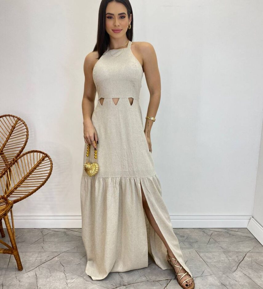 Vestido Longo Heloisa com Fenda Lateral e Bojo Cru - Fernanda Ramos Store