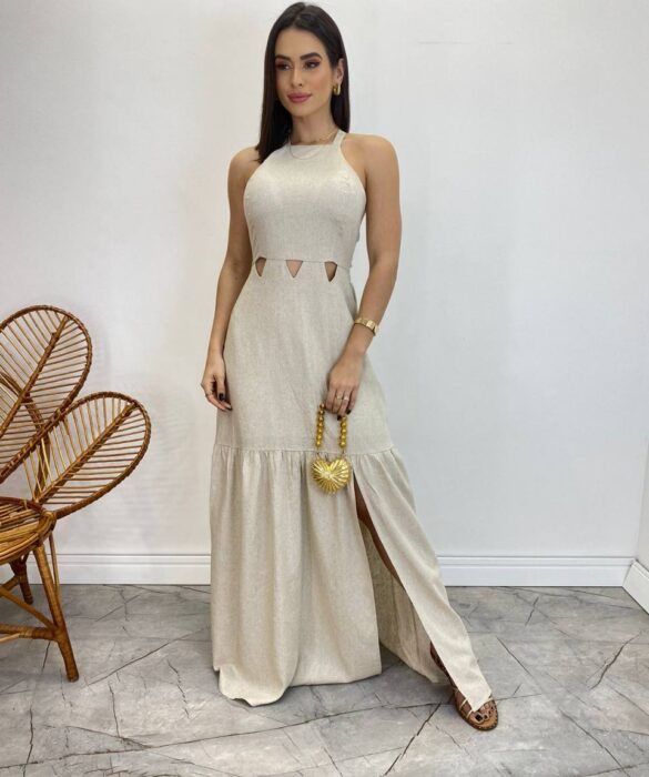 Vestido Longo Heloisa com Fenda Lateral e Bojo Cru - Fernanda Ramos Store