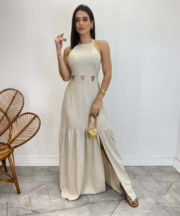 Vestido Longo Heloisa com Fenda Lateral e Bojo Cru - Fernanda Ramos Store