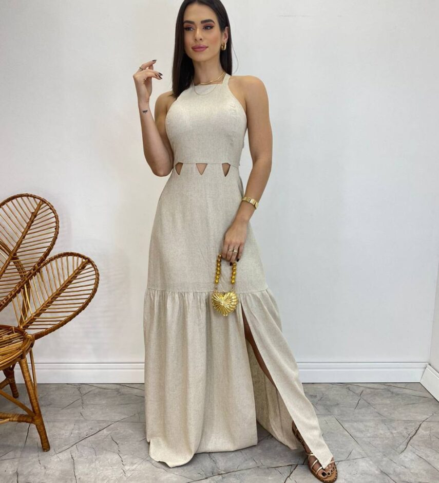Vestido Longo Heloisa com Fenda Lateral e Bojo Cru - Fernanda Ramos Store