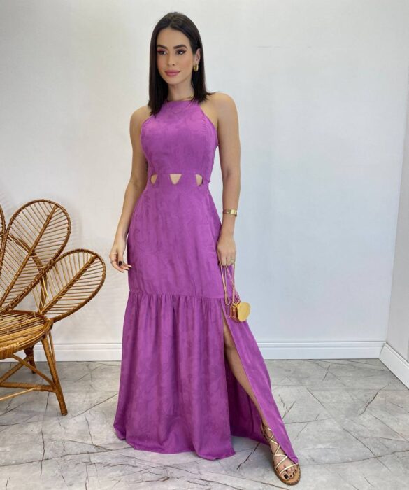 Vestido Longo Heloisa com Fenda Lateral e Bojo Lilás - Fernanda Ramos Store