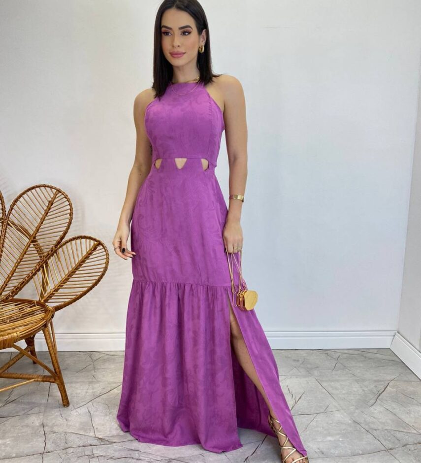 Vestido Longo Heloisa com Fenda Lateral e Bojo Lilás - Fernanda Ramos Store