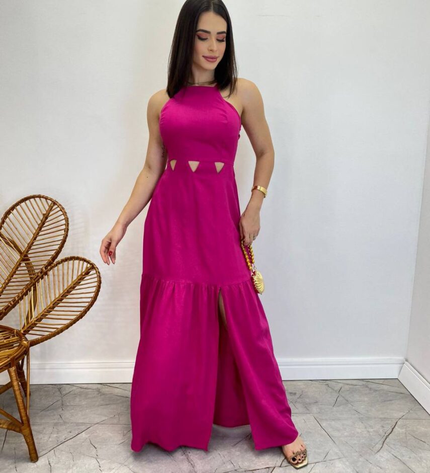 Vestido Longo Heloisa com Fenda Lateral e Bojo Pink - Fernanda Ramos Store
