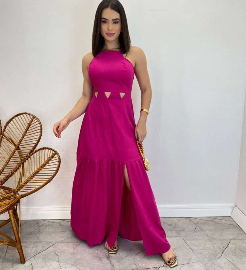 Vestido Longo Heloisa com Fenda Lateral e Bojo Pink - Fernanda Ramos Store