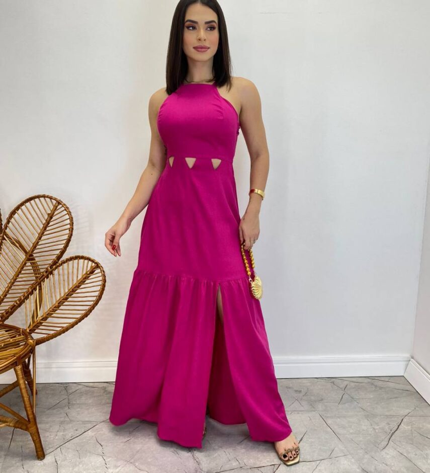 Vestido Longo Heloisa com Fenda Lateral e Bojo Pink - Fernanda Ramos Store