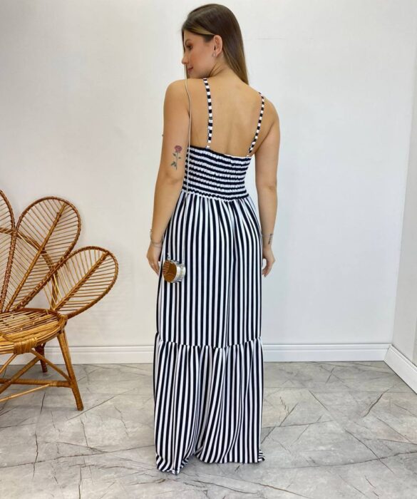 Vestido Longo Ingrid com Bojo Detalhe em Babado Listrado Preto - Fernanda Ramos Store