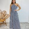 Vestido Longo Ingrid com Bojo Detalhe em Babado Listrado Preto - Fernanda Ramos Store