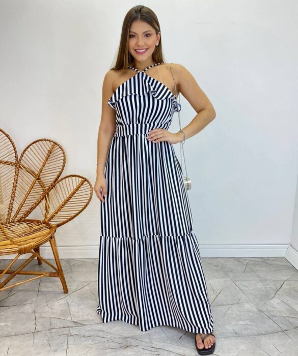 Vestido Longo Ingrid com Bojo Detalhe em Babado Listrado Preto - Fernanda Ramos Store