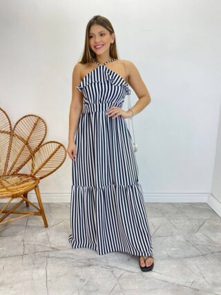 Vestido Longo Ingrid com Bojo Detalhe em Babado Listrado Preto - Fernanda Ramos Store