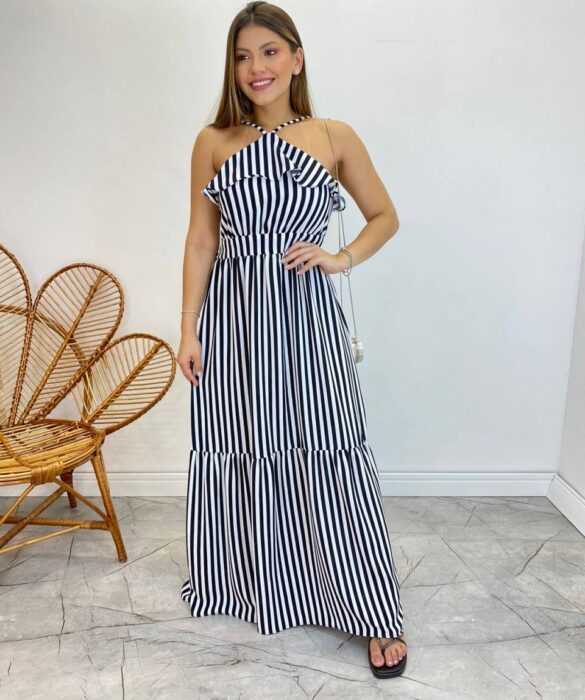 Vestido Longo Ingrid com Bojo Detalhe em Babado Listrado Preto - Fernanda Ramos Store