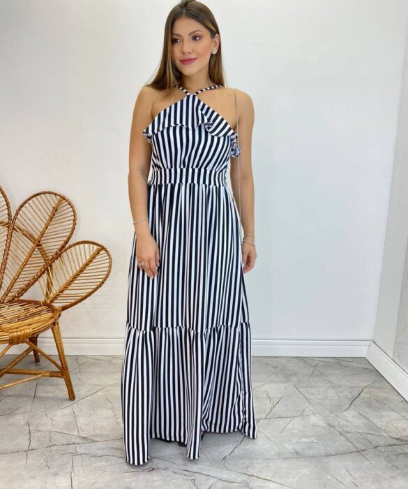 Vestido Longo Ingrid com Bojo Detalhe em Babado Listrado Preto - Fernanda Ramos Store