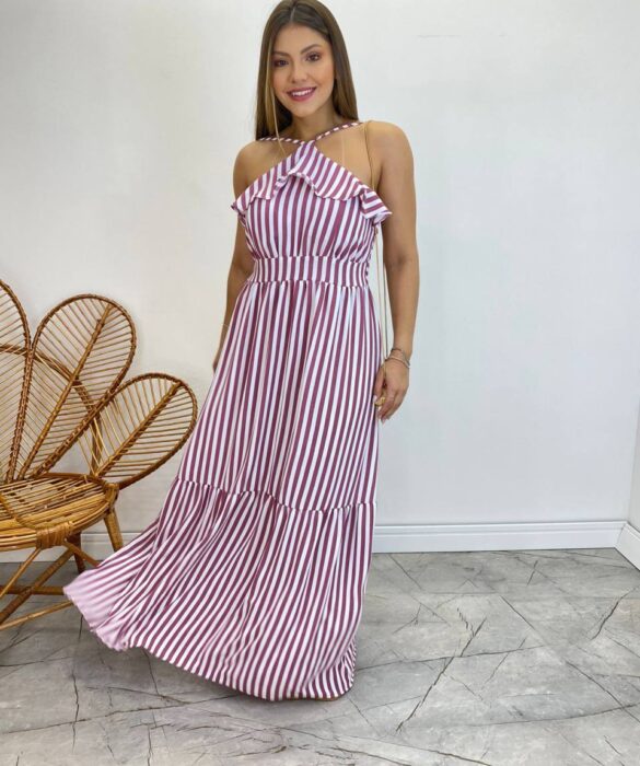 Vestido Longo Ingrid com Bojo Detalhe em Babado Listrado de Rose - Fernanda Ramos Store