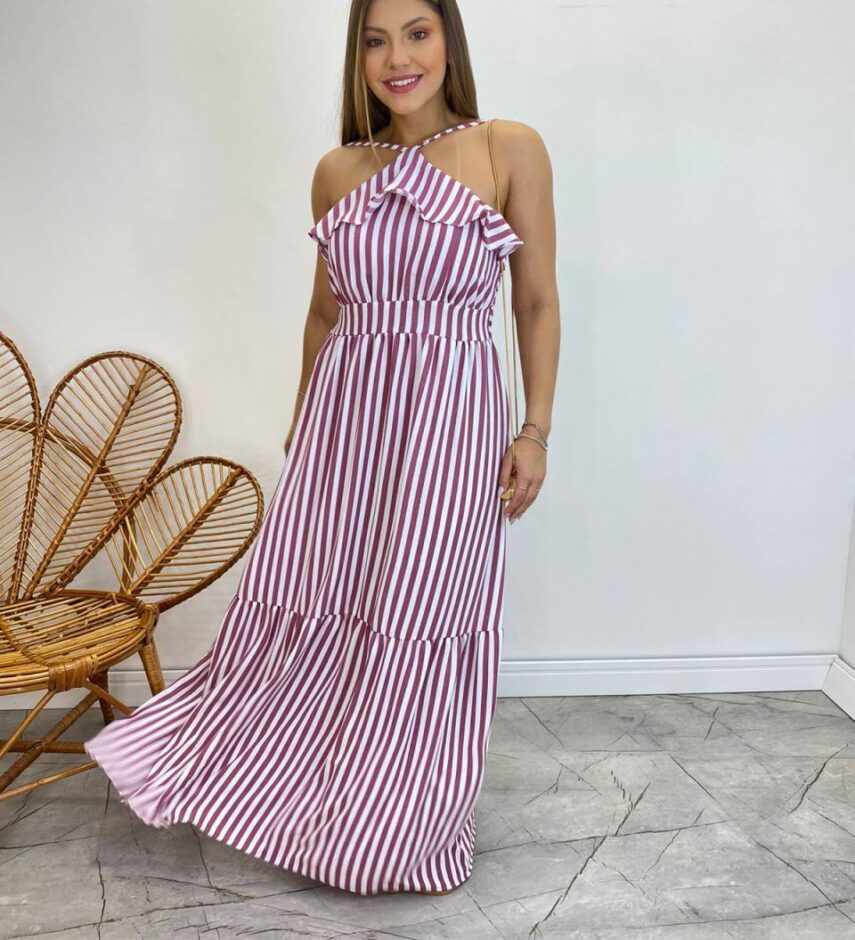 Vestido Longo Ingrid com Bojo Detalhe em Babado Listrado de Rose - Fernanda Ramos Store