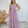 Vestido Longo Ingrid com Bojo Detalhe em Babado Listrado de Rose - Fernanda Ramos Store