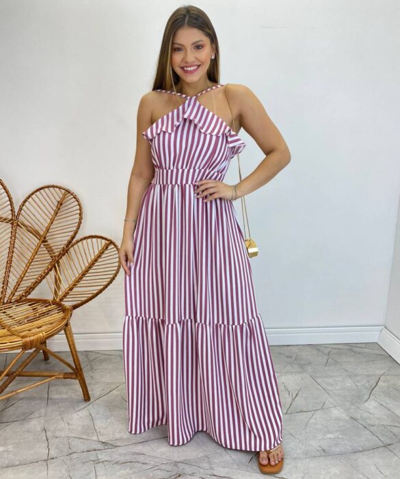 Vestido Longo Ingrid com Bojo Detalhe em Babado Listrado de Rose - Fernanda Ramos Store