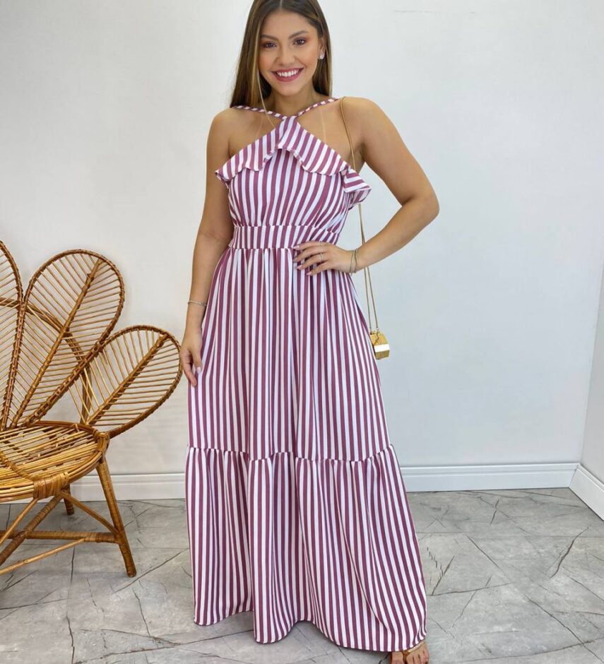 Vestido Longo Ingrid com Bojo Detalhe em Babado Listrado de Rose - Fernanda Ramos Store