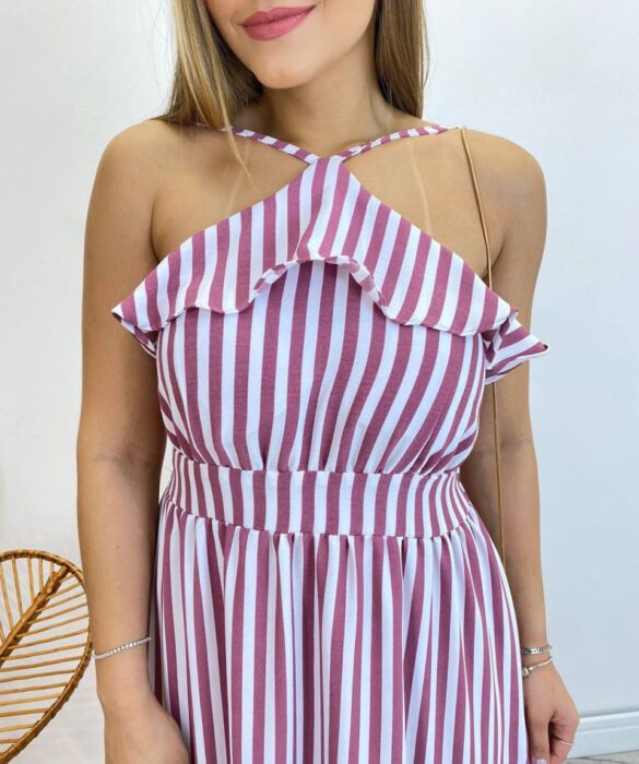 Vestido Longo Ingrid com Bojo Detalhe em Babado Listrado de Rose - Fernanda Ramos Store