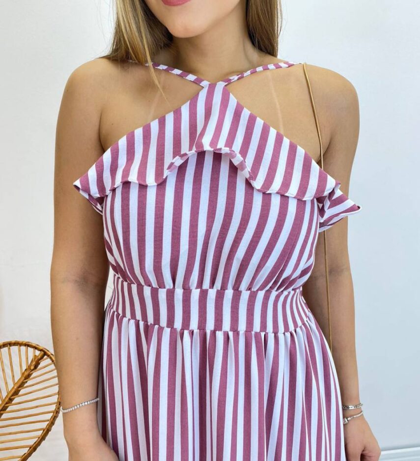 Vestido Longo Ingrid com Bojo Detalhe em Babado Listrado de Rose - Fernanda Ramos Store