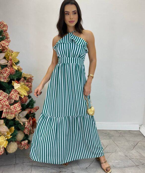 Vestido Longo Ingrid com Bojo Detalhe em Babado Listrado Verde - Fernanda Ramos Store