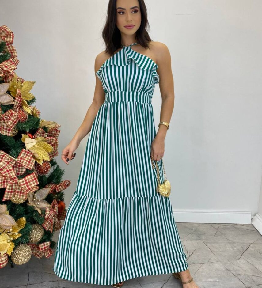 Vestido Longo Ingrid com Bojo Detalhe em Babado Listrado Verde - Fernanda Ramos Store