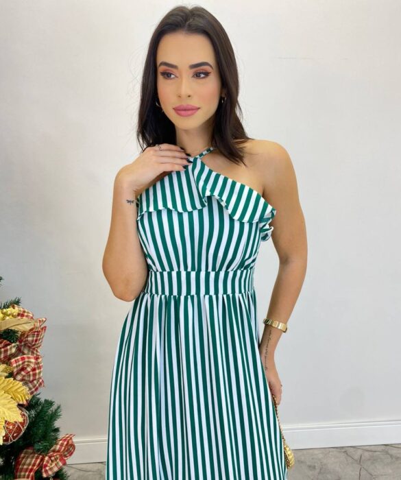 Vestido Longo Ingrid com Bojo Detalhe em Babado Listrado Verde - Fernanda Ramos Store