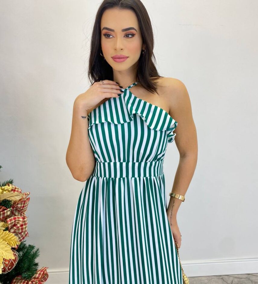 Vestido Longo Ingrid com Bojo Detalhe em Babado Listrado Verde - Fernanda Ramos Store